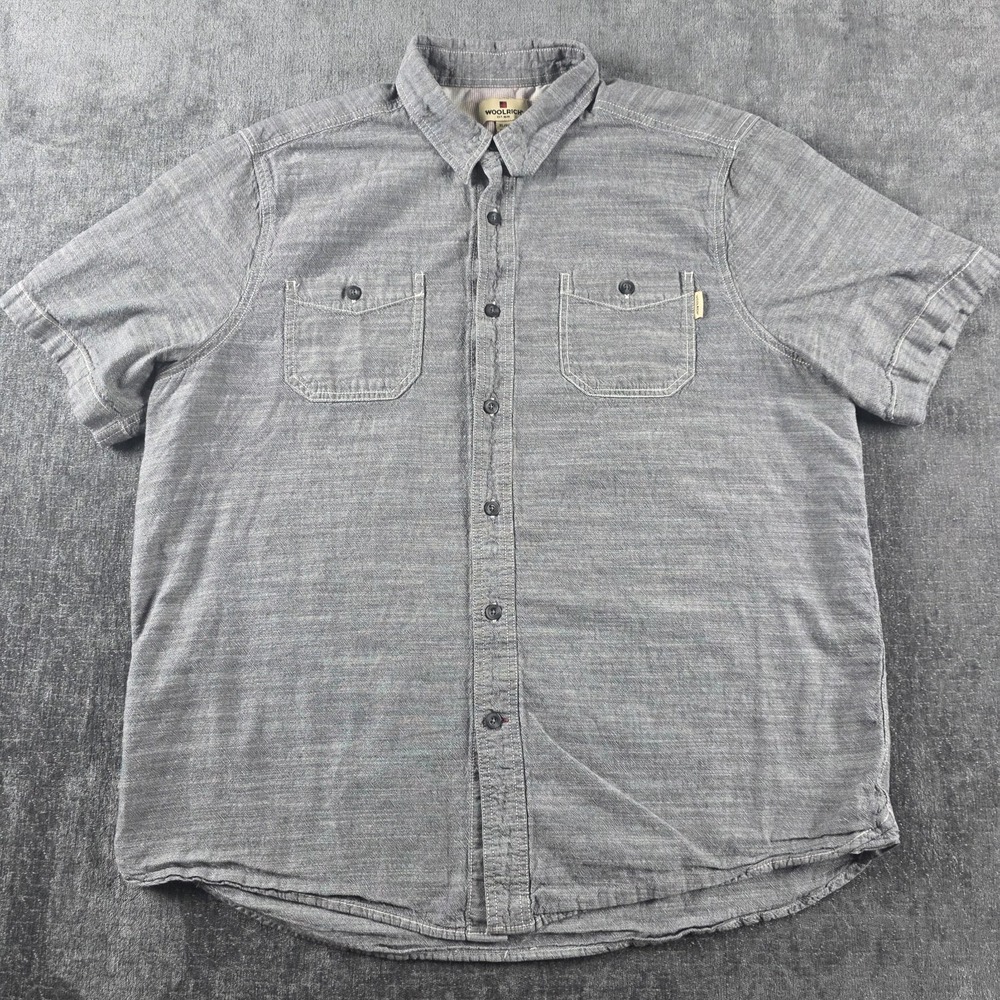 Woolrich Button Up Shirt Mens XL Gray Short Sleeve Cotton Pocket Casual Preppy